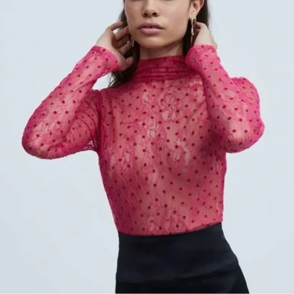 NWT! For Love and Lemons Cella Turtleneck Top Large Pink Lace Polka Dots